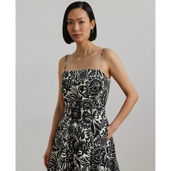 325$ Lauren Ralph Lauren Floral Belted Faille Cocktail Dress Size 8 Ivory Black - Picture 3 of 4